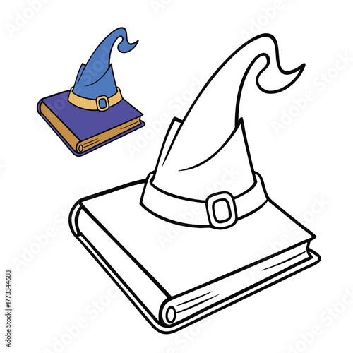 A magical coloring page featuring a classic wizard hat beside an ancient spellbook, inviting creativity with mystical symbols, stars, and enchanted fantasy details.
