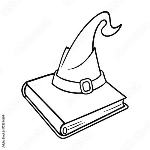 A magical coloring page featuring a classic wizard hat beside an ancient spellbook, inviting creativity with mystical symbols, stars, and enchanted fantasy details.
