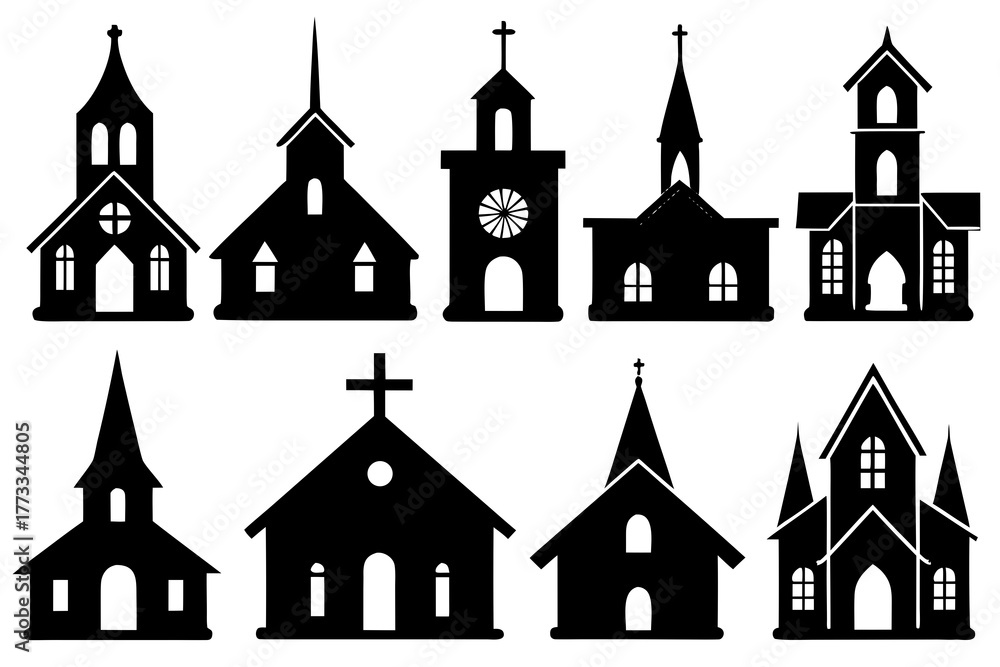 Fototapeta premium set of Church Silhouette vector illustration Isolated on White Background