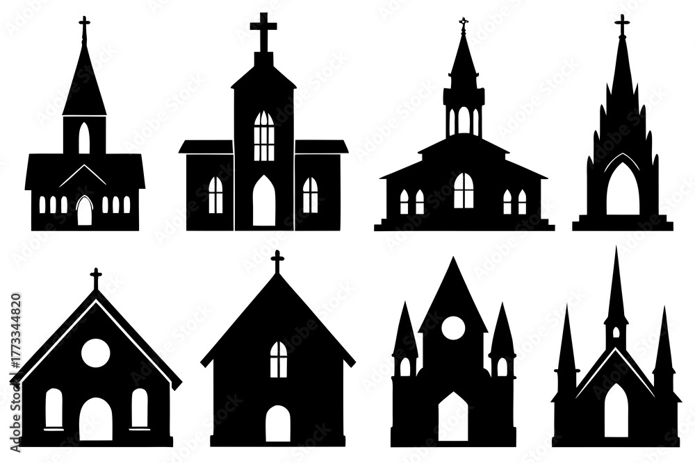 Fototapeta premium set of Church Silhouette vector illustration Isolated on White Background