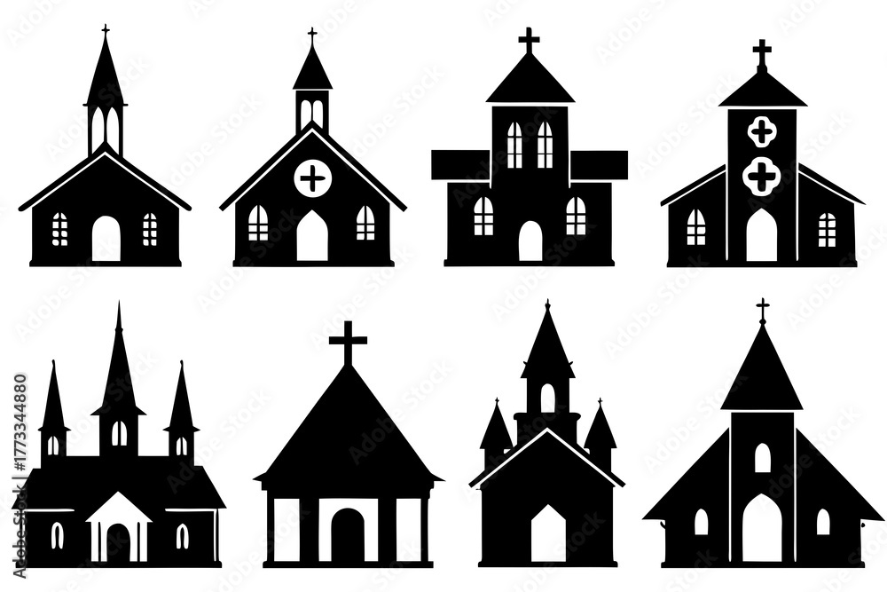 Obraz premium set of Church Silhouette vector illustration Isolated on White Background