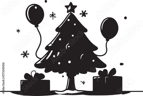 A bright cartoon illustration of a birthday party set with a party hat and balloons, incorporating holiday design elements like a star and snowflakes for a festive celebration card