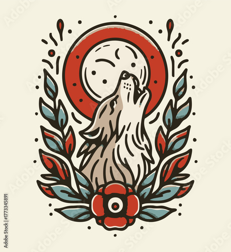 Old School Howling Wolf with Floral Scrolls and Moon Tattoo Design