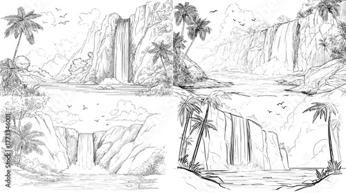 Hand-drawn pencil sketch of waterfalls surrounded by rocks and tropical trees. Artistic nature illustration perfect for adventure and travel design.