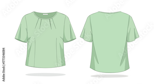 Technical fashion illustration showcasing a mint green blouse design with front pleats and flutter sleeves showing front and back views