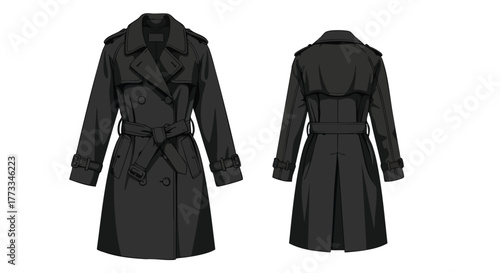 Detailed Illustration of a Black Trench Coat, Front and Back View, Emphasizing Style and Design Elements on a Clean White Background