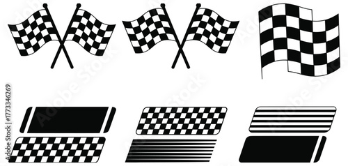 Checkered Flags and Racing Stripes Vector Set — Perfect for Motorsport Posters, Racing Event Graphics, Car Wrap Designs, Sports Branding, Digital Game Assets, and Pit Stop Signage