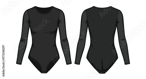 Elegant black long-sleeved bodysuit showcasing front and back designs on a clean backdrop, suitable for fashion illustration purposes