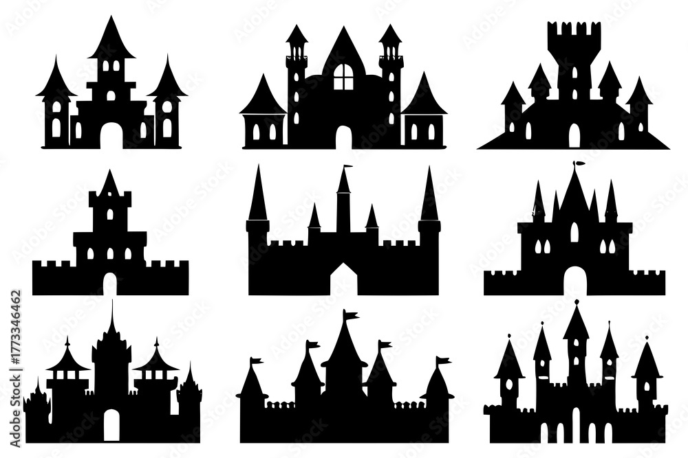 Naklejka premium Castle and Palace Silhouette vector illustration isolated on White Background