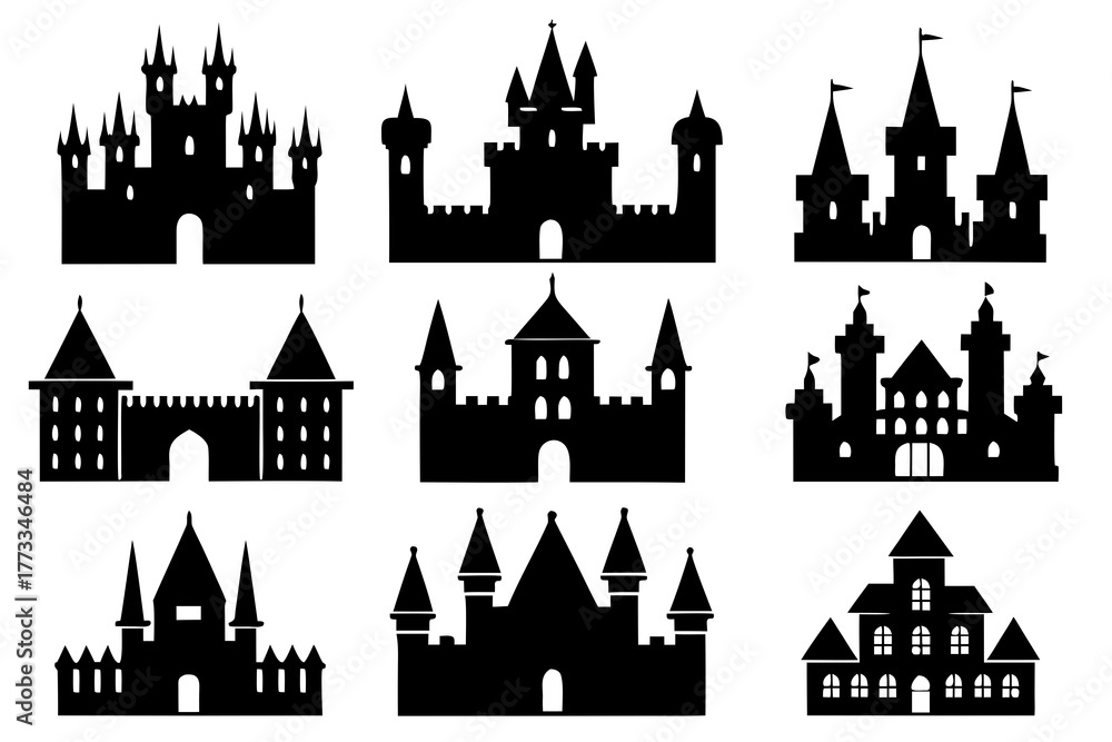 Obraz premium set of Castle and Palace Silhouette vector illustration 