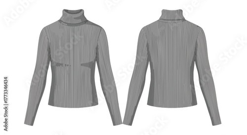 Stylish gray turtleneck sweater design showcasing front and back views for fashion illustrations and catalog design presentations