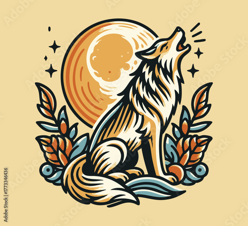 Vintage Sitting Wolf Howling at the Moon with Floral Embellishments