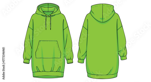 Lime green oversized hoodie dress technical sketch showcasing front and back views, a garment for fashion design and apparel product