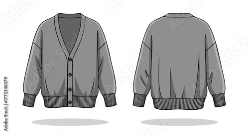 Elegant gray cardigan showcased in front and back views on a clean white backdrop promoting fashion designs