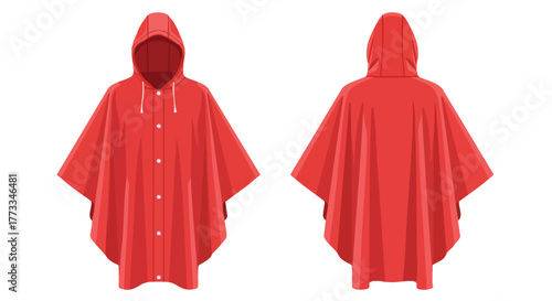 Digital depiction of a bright red poncho, offering versatile protection from the elements, shown from front and back perspective