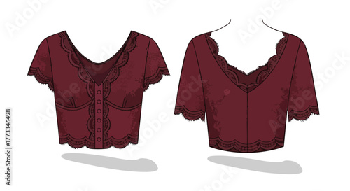Detailed technical sketch showcases the front and back design aspects of a maroon blouse with lace trim