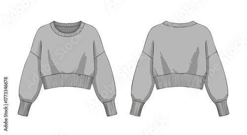 Detailed technical illustration of a gray cropped sweatshirt showing front and back views with ribbed details, presented on a clean white background