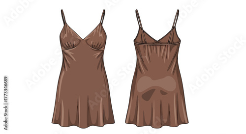Satin slip dress rendering front and back views showcasing design details in cocoa brown elegance against a clean backdrop