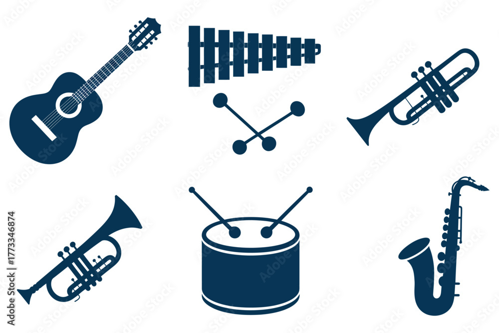Fototapeta premium Collection of Blue Musical Instrument Icons — Perfect for Music App Design, Educational Materials, Sheet Music Illustrations, Poster Graphics, Social Media Content, and Digital Marketing Assets