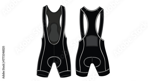 Technical Drawing Displaying Cycling Bib Shorts with Front and Back Views Revealing Design Details and Construction for Active Wear and Sportswear