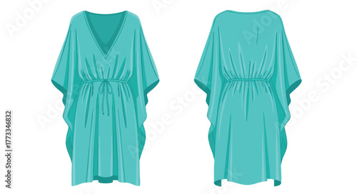 Turquoise Kaftan Dress Illustration: Front and Back View for Fashion and Design Portrayal