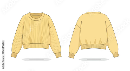 Illustration showcasing a cozy yellow sweater design, front and back view of knitted garment