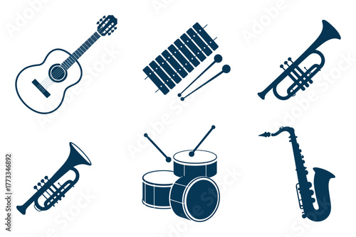 Collection of Blue Musical Instrument Icons — Perfect for Music App Design, Educational Materials, Sheet Music Illustrations, Poster Graphics, Social Media Content, and Digital Marketing Assets