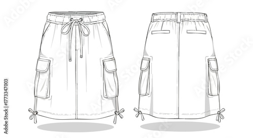 Technical drawing showcasing the front and back views of a cargo skirt design with detailed pocket and drawstring features