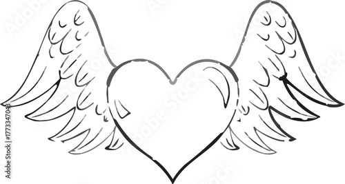 Winged heart illustration in black and white sketch style isolated on white background for romantic design
