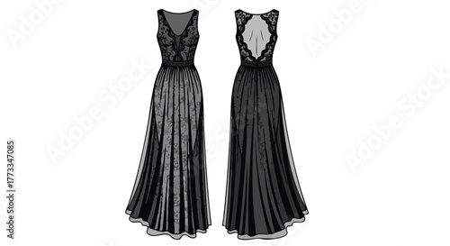 Elegant Long Black Dress Design Sketch with Lace Details for Fashion Illustrations and Evening Wear Concepts