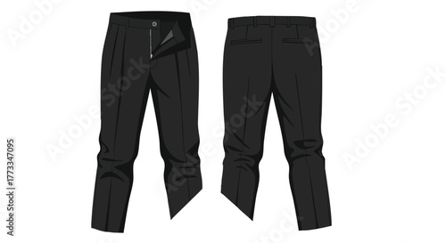 Detailed Front and Back Illustration of Classic Black Trousers on White Background Presentation