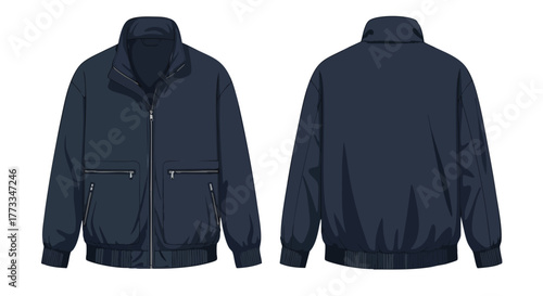 Technical flat sketch showcasing a navy blue bomber jacket, front and back view with zip closure and detailed pocket construction, casual outerwear