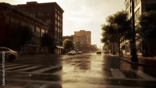 Heavy Rain Falling on a Wet City Street at Sunset.