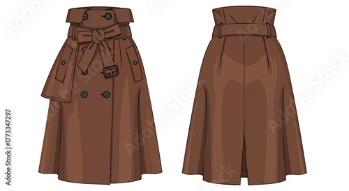 Elegant Brown Trench Skirt Illustration: Front and Back Views Showcasing Detailed Design and Classic Style elements