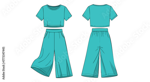Teal lounge set illustration showcasing comfort and style with a modern crop top and wide-leg pants design drawing fashion industry