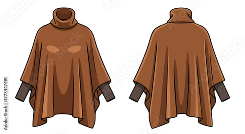 Brown poncho with turtleneck, displayed front and back, creating a cozy and fashionable apparel design, suitable for autumn or winter wear