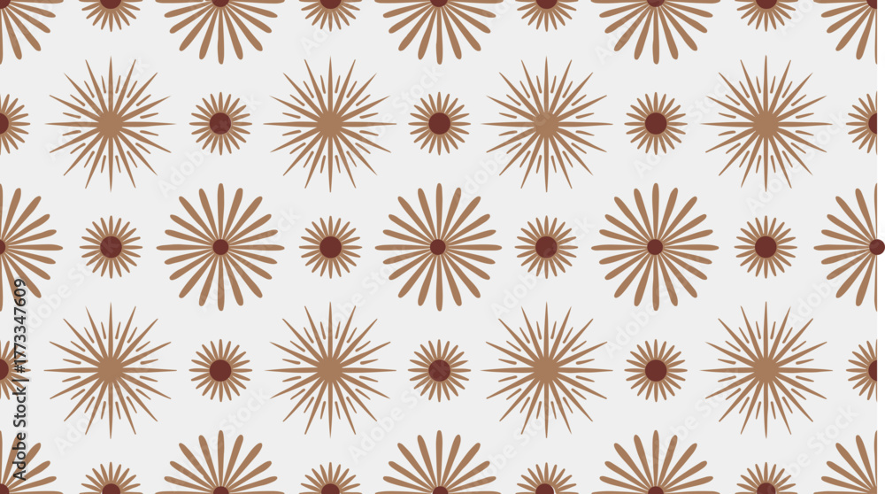 Seamless pattern of stylized sunbursts with varying ray counts, creating a dynamic and radiant design