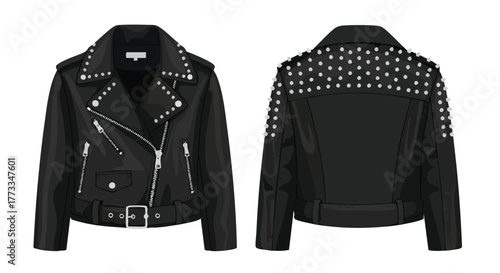 Fashionable studded black leather jacket showcasing front and back design on white background
