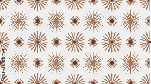 Seamless pattern of stylized sunbursts with varying ray counts, creating a dynamic and radiant design