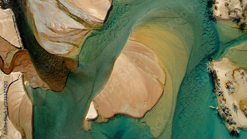 Drone view of river delta with turquoise water and sand textures at Issyk Lake Almaty Kazakhstan
