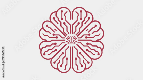 A stylized brainshaped flower with circuitlike petals, symbolizing artificial intelligence, neural networks, and the intersection of nature and technology