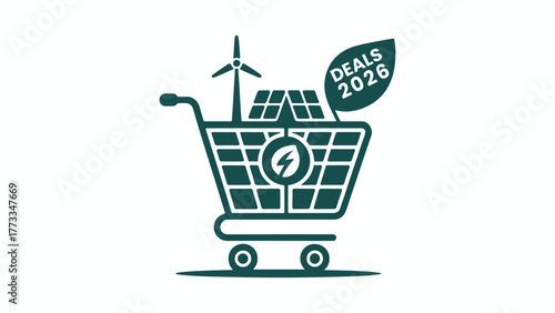 A green shopping cart with renewable energy symbols, promoting sustainable deals for 2026, including solar panels and a wind turbine