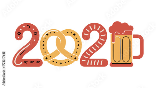 A festive 2026 design with pretzel and beer elements, celebrating oktoberfest or a similar beer festival with a fun, thematic illustration