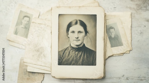 Historic black and white portrait of a woman surrounded by old photographs on a wooden surface