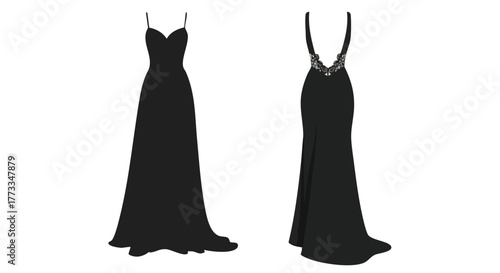 Elegance showcased in two different perspectives of a sleek, timeless black gown presented on a crisp white canvas showing design versatility
