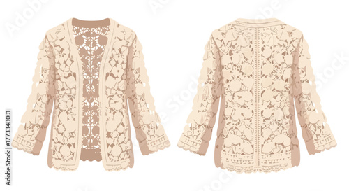 Detailed front and back views of a sophisticated, vintage-inspired crochet lace cardigan, showcasing delicate floral patterns and textured design
