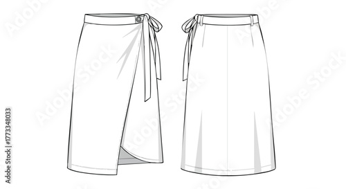 Detailed fashion sketch showcasing a stylish wrap skirt design with front and back views for garment creation