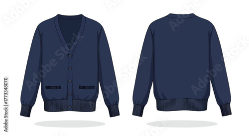 Elegant navy cardigan displayed in front and back views offering garment design and fashion concept illustration for fashion industry design templates