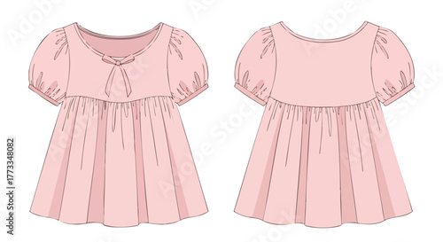 Conceptual pale pink baby dress illustration showing front and back for fashion design purposes showcasing puffy sleeves and soft fabrics