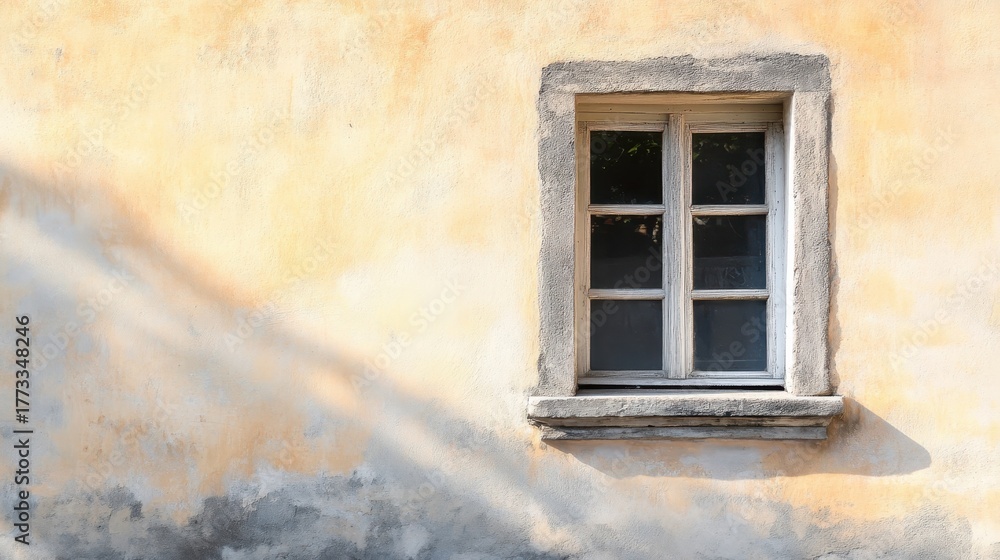 Fototapeta premium Sunny wall with rustic window in a quiet outdoor setting showcasing light and shadow play during the afternoon